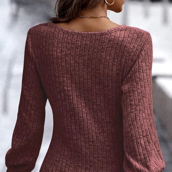 Mineral Red Ribbed Bishop Sleeve Pullover Top - Picture 4 of 5